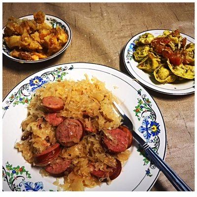 Kraut and polish sausage, 5 cheese tortellini with pesto and Krispy Kreme bread pudding with bourbon pecan glaze.