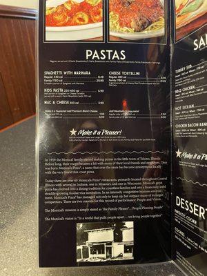 Pasta menu