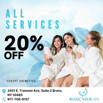 20% OFF ON ALL SERVICES if you refer a friend or bring someone at the spa

‍Getting pampered is fun to do with friends! So we ma