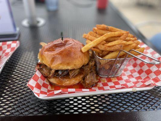 Brisket sandwich and beer battered fries.