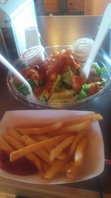 Buffalo chicken wrap salad, and fries