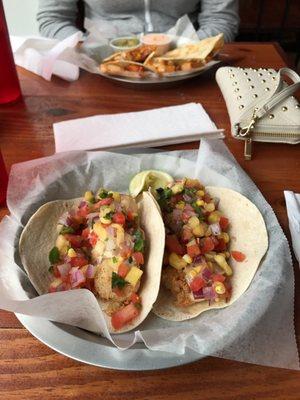 Shrimp Tacos and Chicken Quesadilla in the background.