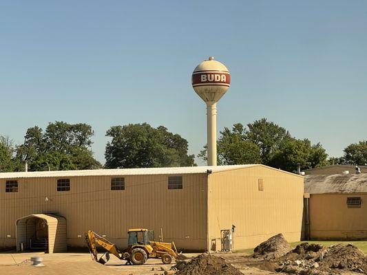 Buda's water tower seen from the California Zephyr, June 2022.