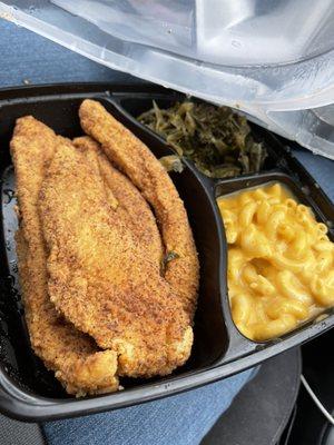 Catfish dinner with mac & cheese and greens