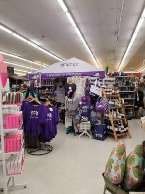 Tcu boutique items including clear stadium bags