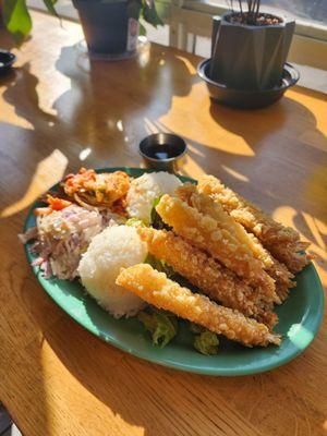 Shrimp Tempura plate with kimchi and cole slaw