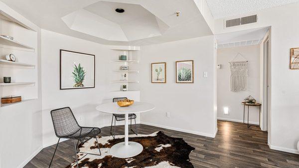 Spacious dining area with modern lighting