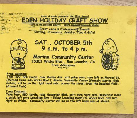 Happening TODAY: 10/5/19 - 25th Annual Eden Holiday Craft Show - Part of the proceeds benefit: EDEN Japanese Community Center