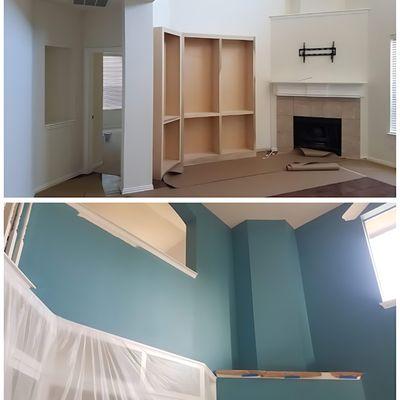 before and after of a living room area with custom built in the wall cabinet painted in white and walls painted in blue by painting triforce