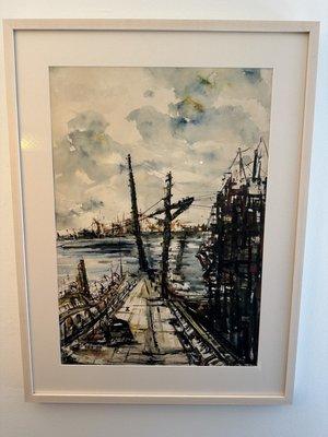 Framed painting of a dock