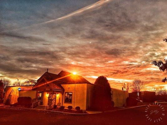 Early winter sunset over the ski shop