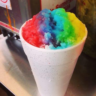 Rainbow sno cone! You pick your favorite 3 flavors to make your own rainbow combination!