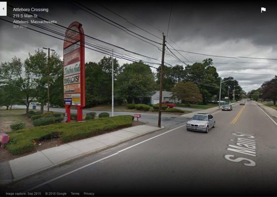 Entrance to Attleboro Crossing  @217 South Main Street Attleboro, MA 02703-4160, the location of the Family Dollar discount store.