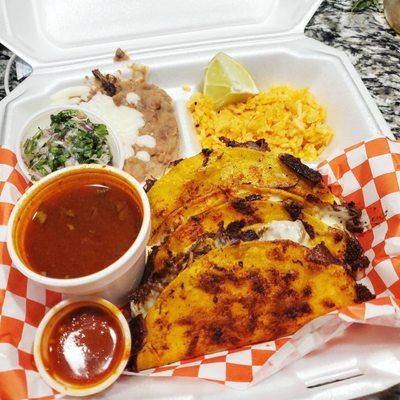 The full spread with rice and beans.