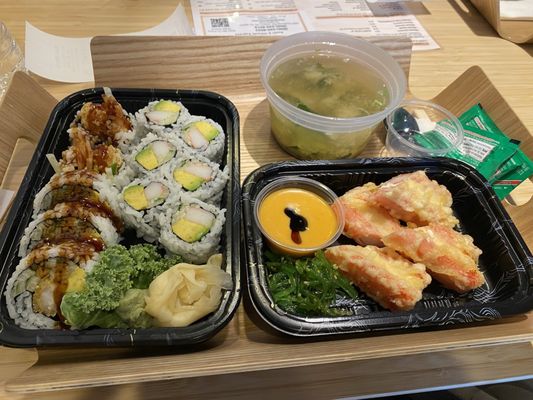 Shrimp tempura and California Rolls.  Yo-Yo. Miso Soup