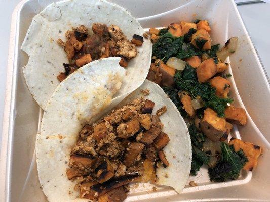 Vegan breakfast tacos and sweet potato hash