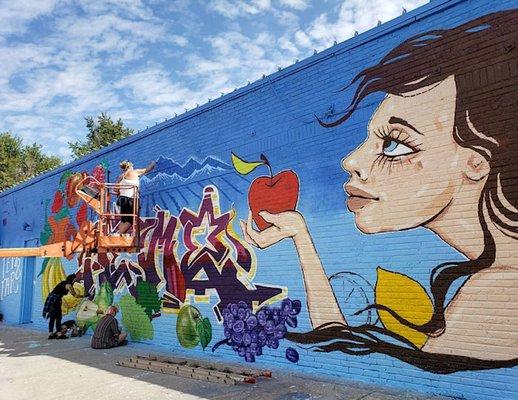 Artist using electric boom lift to complete mural for Plaza Walls Mural Expo 2019