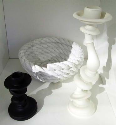 cast resin rope bowl and candlesticks