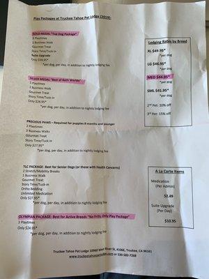 Pricing sheet