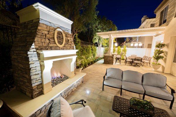 Custom fireplace, custom bbq, landscape, landscape lighting, Belgard pavers, el dorado stone.