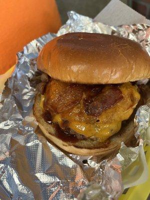 Honey BBQ 6 oz burger. Bacon, cheddar cheese, onion ring and honey bbq sauce