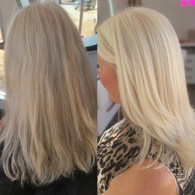 Before and After brightening blonde and keeping clients natural white.