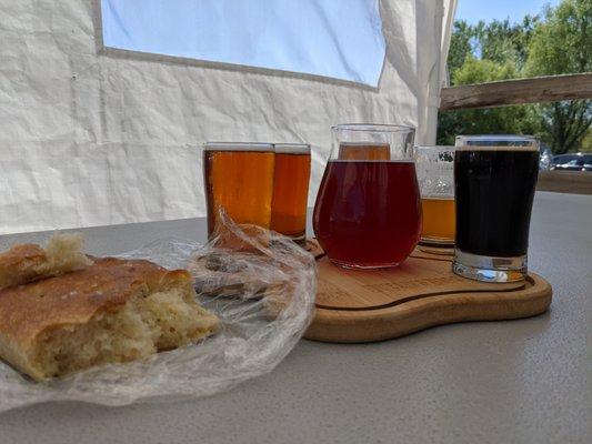 Beer Flight, Freshly made Foccacia and the PB & J Mead in the middle