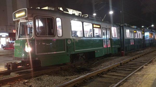 Inbound train at Packards Corner MBTA station