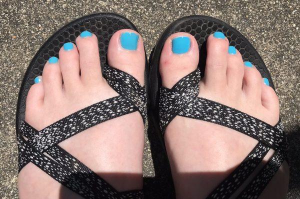 Spa pedicure with a fixed left big toe (came in with the nail broken).