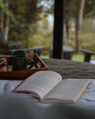 Reading and relaxing, 10 foot patio glass sliding doors at Tofte Trails vacation rentals. Lake superior view background