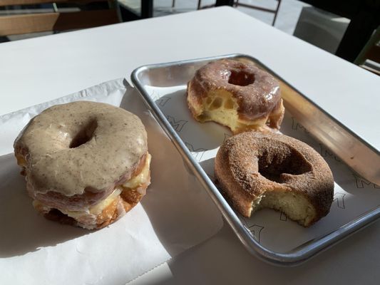 Brown butter donut on the left, vanilla glazed towards the back and cinnamon sugar on the right. Yum yum yum!