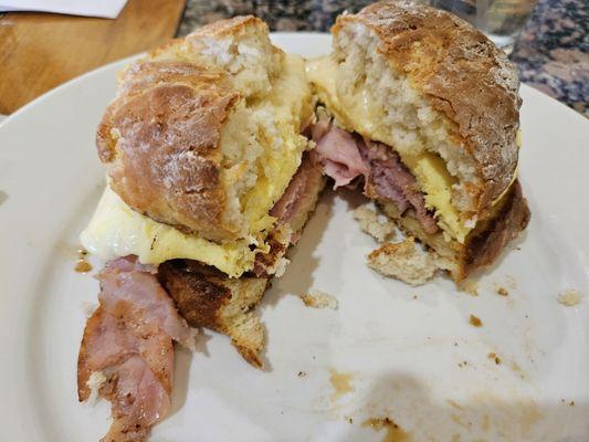 This is a Biscuit/ham/egg/cheese sandwich.