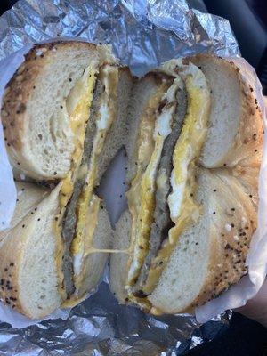 Bagel with cheese, egg and sausage