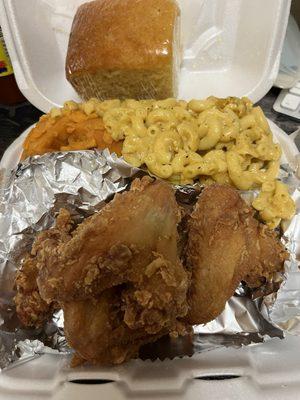 3 Chicken Wings Mac n cheese and yams