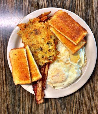 Bacon, Eggs and toast were good. Hash browns were questionable, skip them.