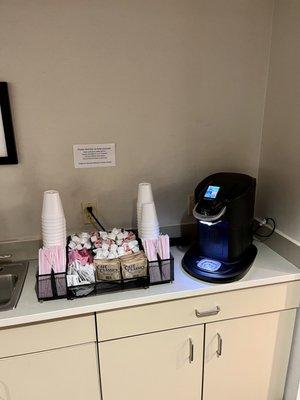 Complimentary coffee bar in our Columbus, Ohio waiting area.