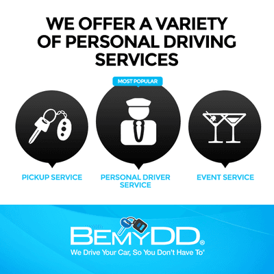 Schedule professional driver now for personal and corporate events! Go to BeMyDD.com, call +1 (877) U-BeMyDD (823 6933), or download the ap