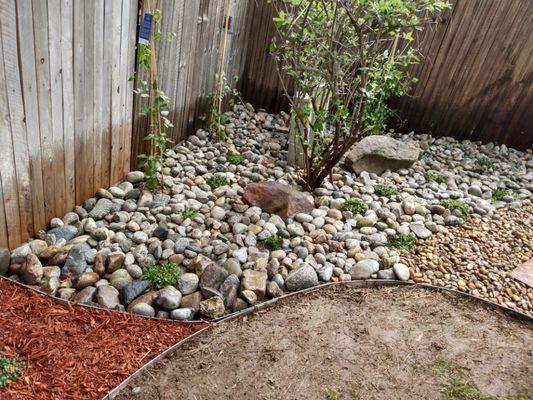 Rocks and a couple of plants war planted with medal edging separating multch and rocks.