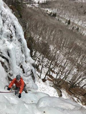 Ice climbing with IMCS on at Frankenstein Cliffs.  Crawford Notch, New Hampshire.