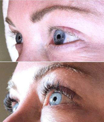 Lash extensions before and after. They sure bring out the color of her gorgeous eyes!