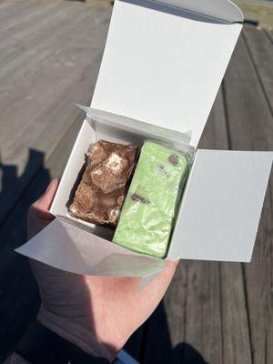 One pound of fudge Chocolate marshmallow  Green giant (mint)