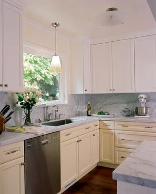 White Painted Uppers, Painted Yellow Base Cabinets