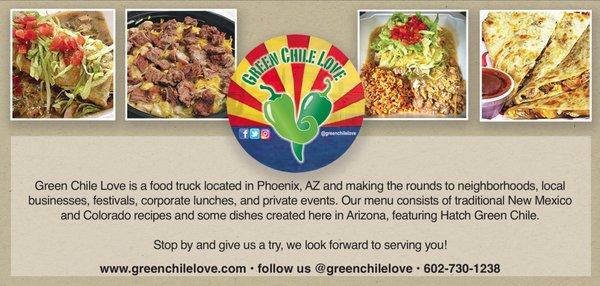 Green Chile Love is a food truck located in Phoenix, AZ and making the rounds to neighborhoods, local businesses, festivals, corporate lunch