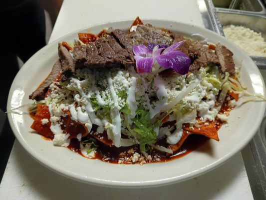 Red chilaquiles steak