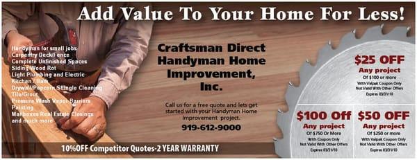 Craftsman Direct; Durham Handyman Service; Pressure Wash; Deck repair; Bath remodeling; General Contractor