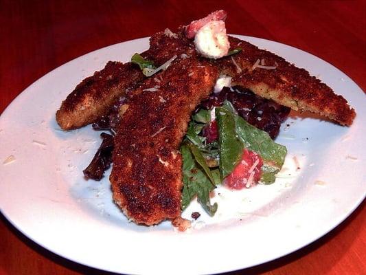 Parmesan Crusted Chicken Tenders and a Salad with Fresh Mozzarella Balls, Strawberry Slices, and a Basil Vinaigrette.