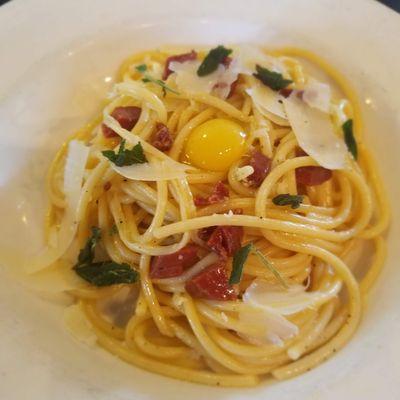 CARBONARA
 $20.00
 Guanciale, pecorino Romano, Parmigiano Regiano, cracked pepper, quail egg