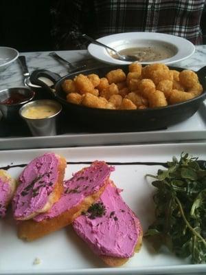 Lucien would like the crostini with beets and PARSLEY!  Dave got tater tots cooked in duck fat.