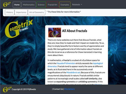 Site contains example of fractals in math, science, and art.