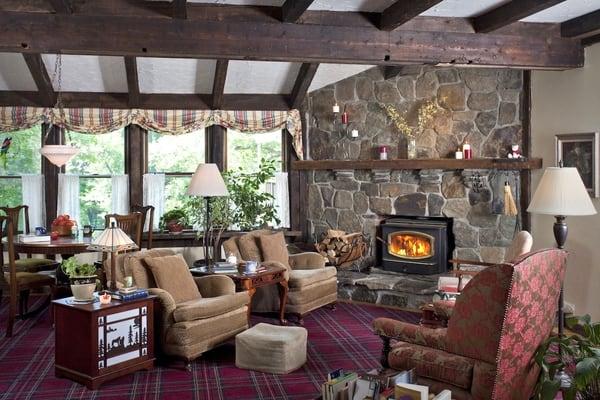 Living Room, with stone faced fireplace and bar